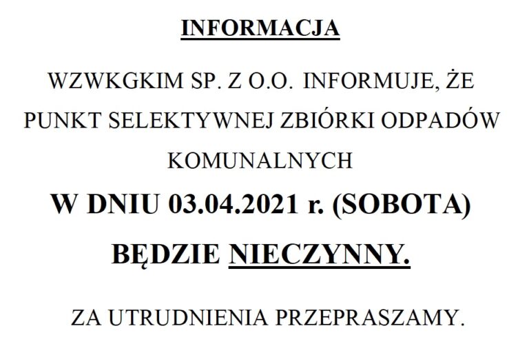 INFORMACJA !! 03.04.2021 r. – PSZOK