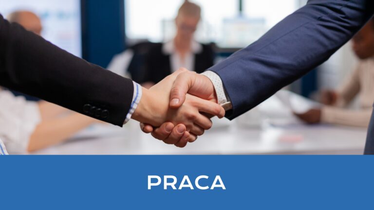 Dwie ręce witające się oraz napis: Praca