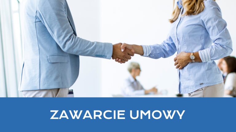Dwie osoby (kobieta i mężczyzna) witające się oraz napis: Zawarcie umowy