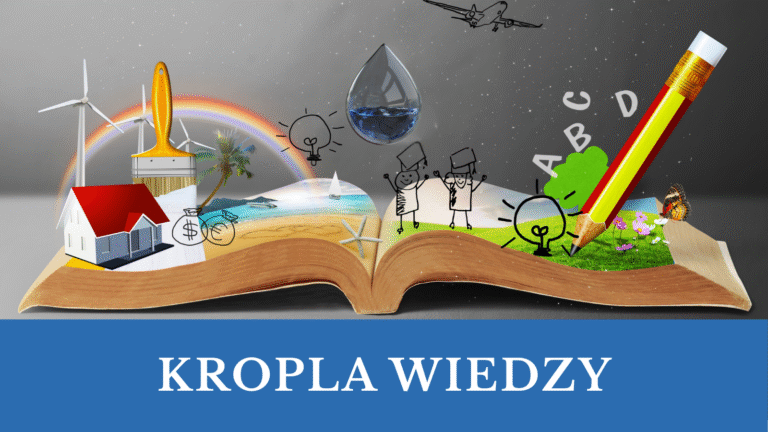 Otwarta książka pełna kolorowych symboli wiedzy - dom, plaża, wiatraki, dzieci, ołówek i kropla wiedzy. Na dole napis na niebieskim tle KROPLA WIEDZY
