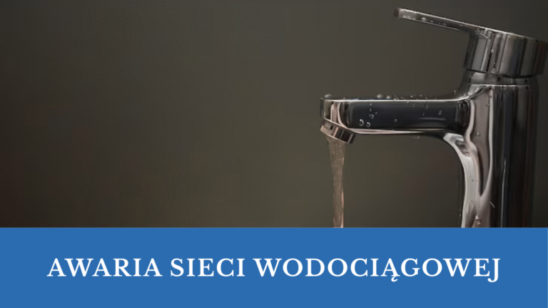 Z kranu leci słaby strumień wody, w dolnej części obrazka niebieski pasek z napisem Awaria sieci wodociągowej
